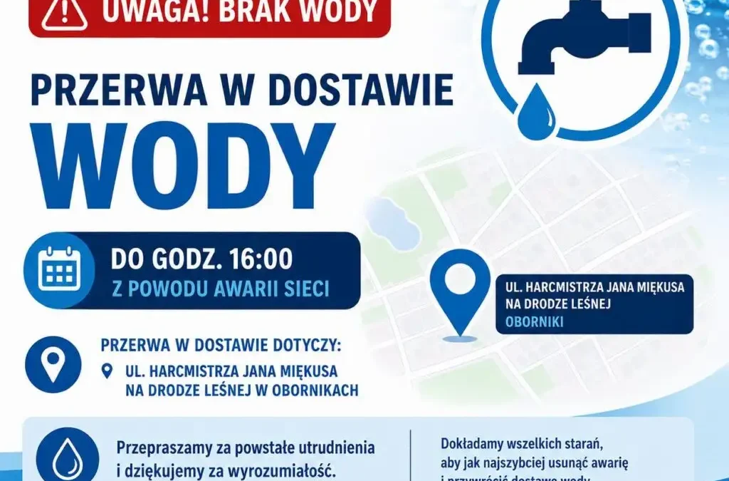 Przerwa w dostawie wody w Obornikach – awaria na ul. Miękusa i Droga Leśna
