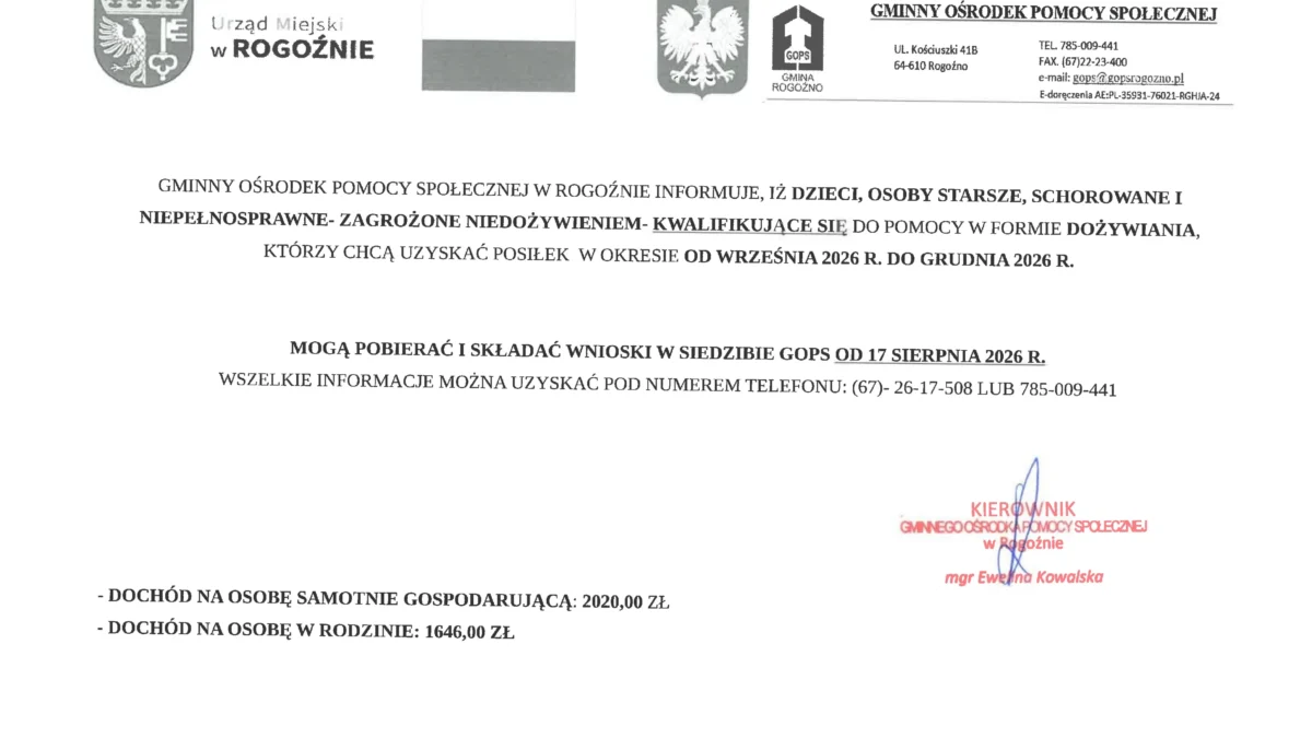 Wnioski o dożywianie na okres wrzesień-grudzień 2026 – termin składania w Rogoźnie