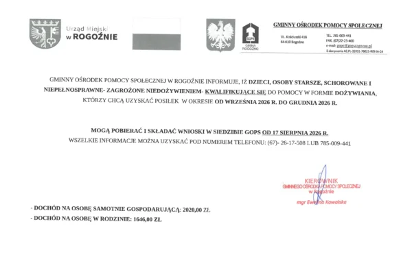 Wnioski o dożywianie na okres wrzesień-grudzień 2026 – termin składania w Rogoźnie