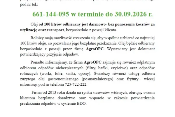Bezpłatny odbiór oleju przepracowanego w gminie Oborniki