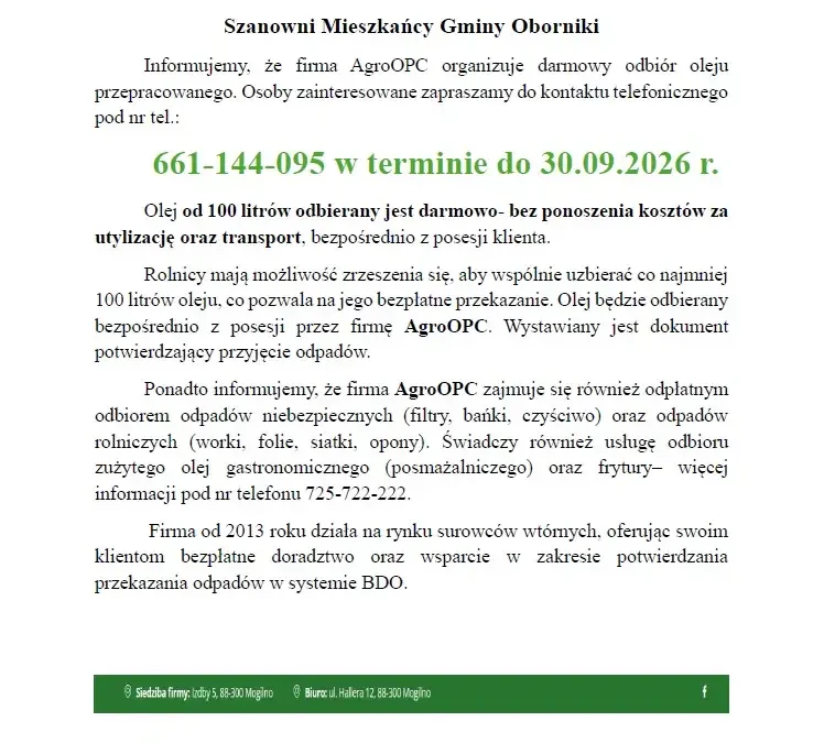 Bezpłatny odbiór oleju przepracowanego w gminie Oborniki