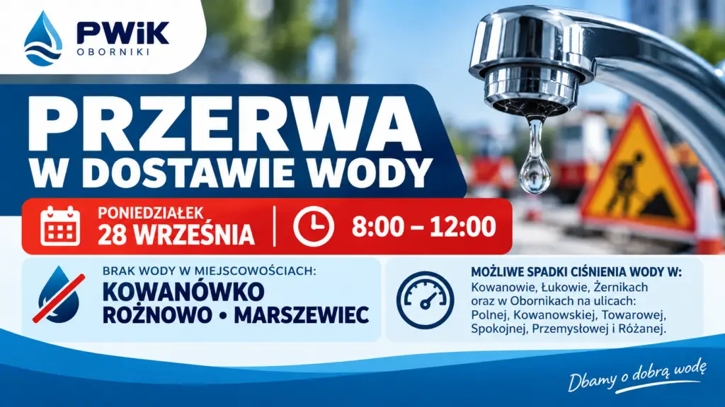 Oborniki: w poniedziałek przerwa w dostawie wody. Które miejscowości bez wody?