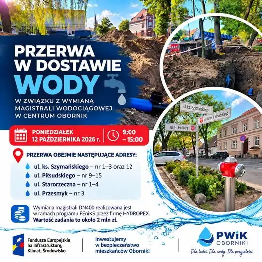Oborniki: w poniedziałek przerwa w dostawie wody. Trwa wymiana magistrali z lat 70.